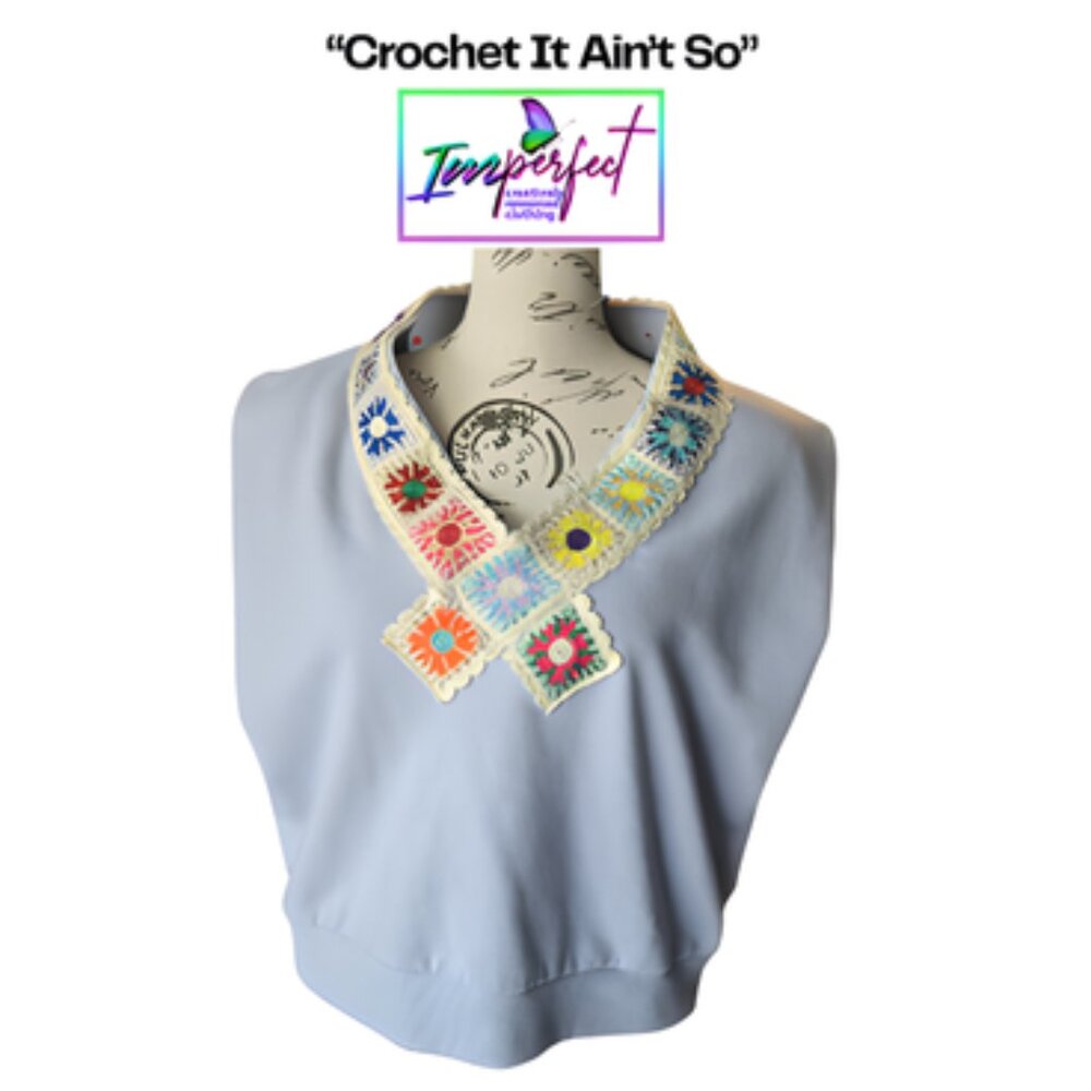 Upcycled sleeveless sweatshirt with granny squares